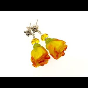 Yellow Rose Handmade Lampwork Earrings NWOT